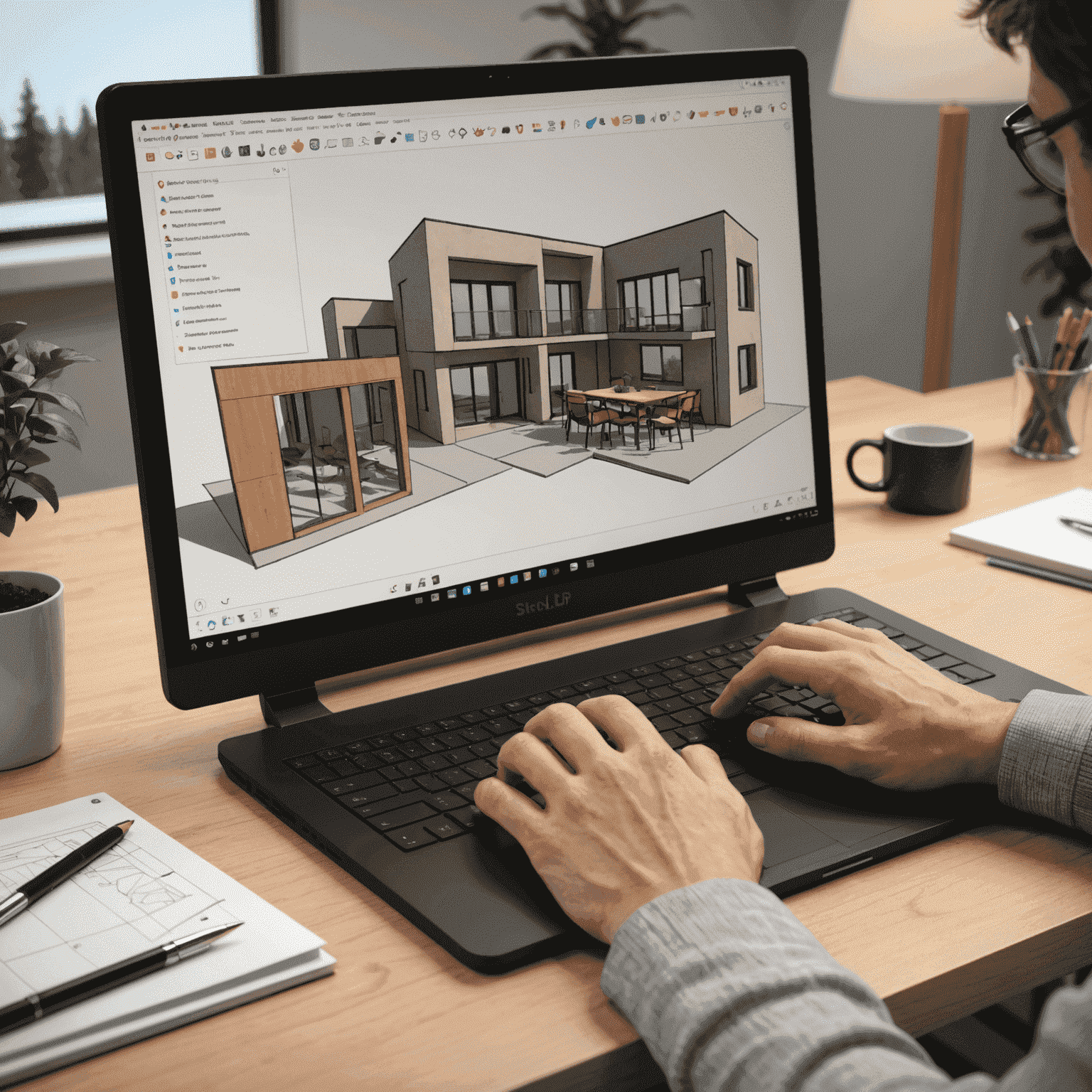 A computer screen displaying the FreeCAD interface with basic 3D shapes and tools visible. A hand is seen using a mouse, symbolizing the interactive nature of the course.