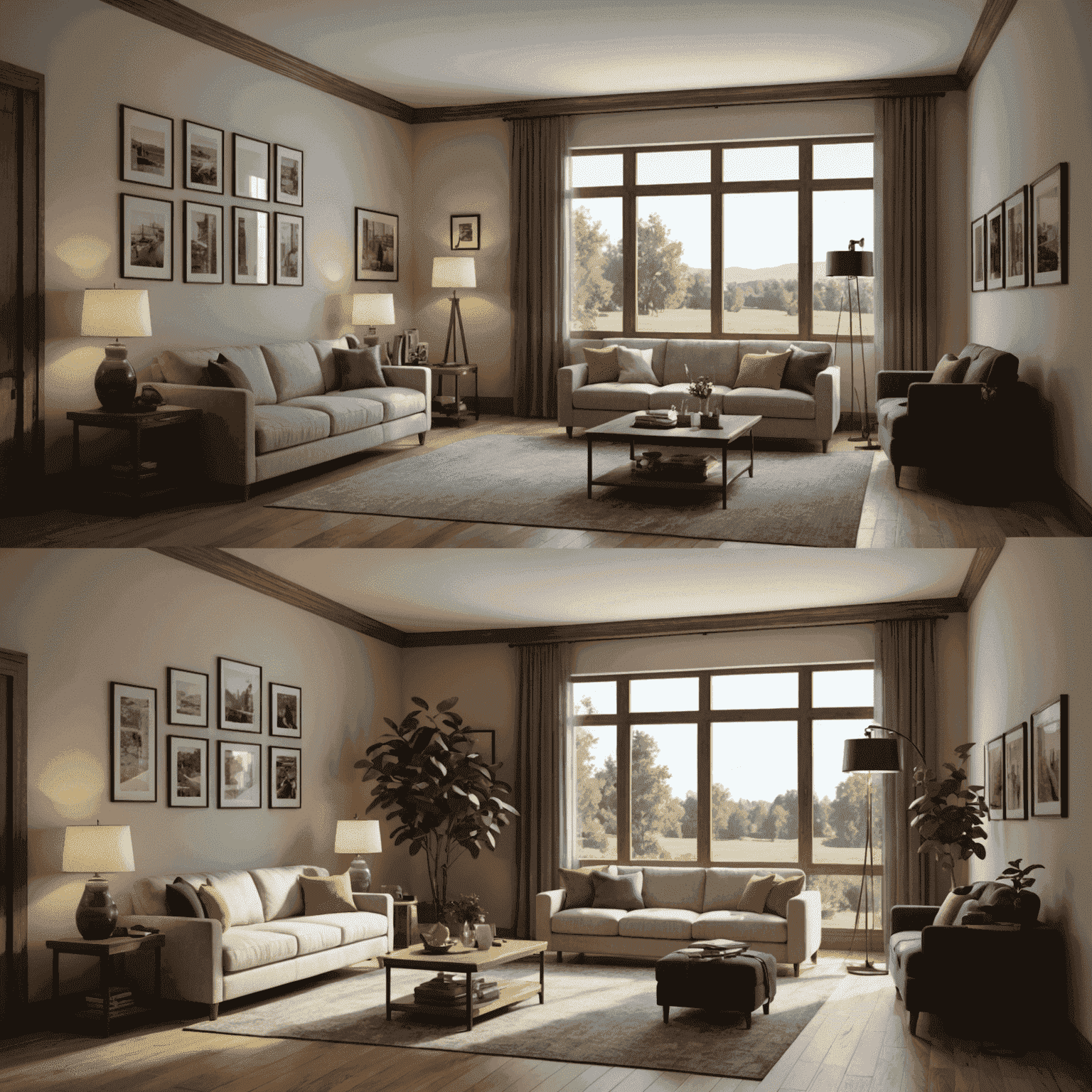 Side-by-side comparison of a 3D interior scene, showing the difference between old and new lighting engines in FreeCAD