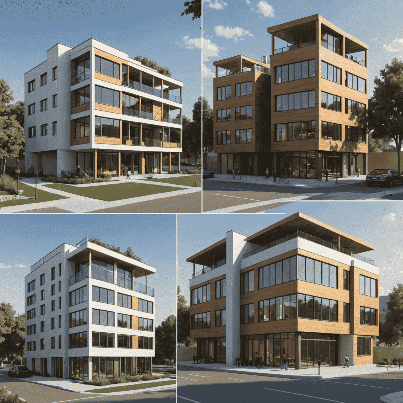 Collage of FreeCAD architectural models showing various stages of design from wireframe to fully rendered buildings