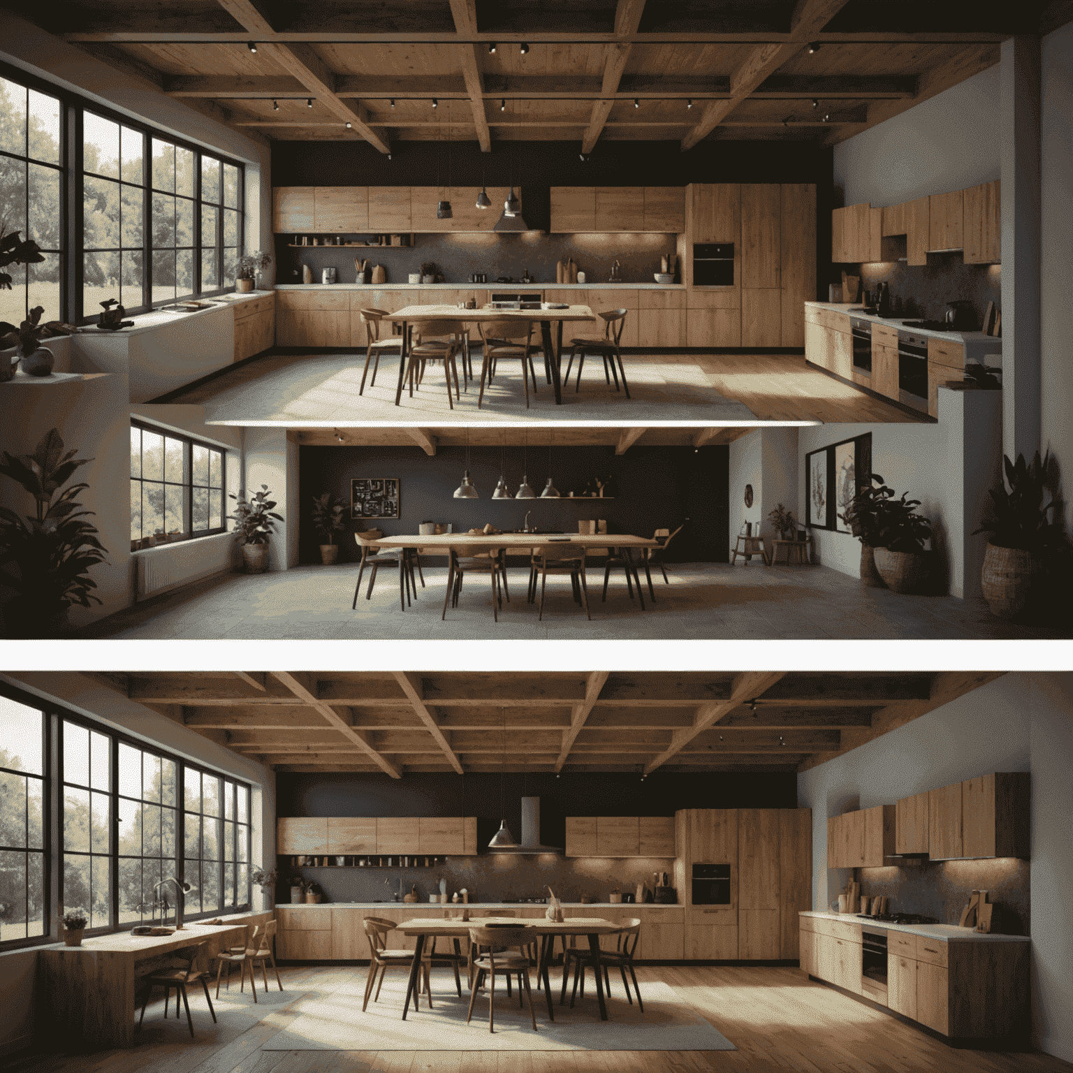 A series of 3D rendered images showing the progression of a project from wireframe to fully textured and lit final render