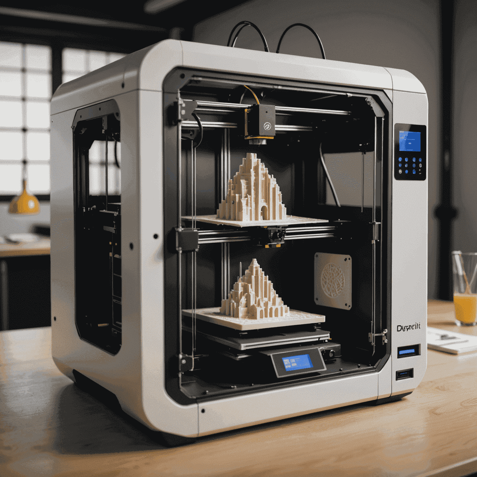 A modern 3D printer in action, printing a complex architectural model with intricate details, demonstrating the latest advancements in 3D printing technology.