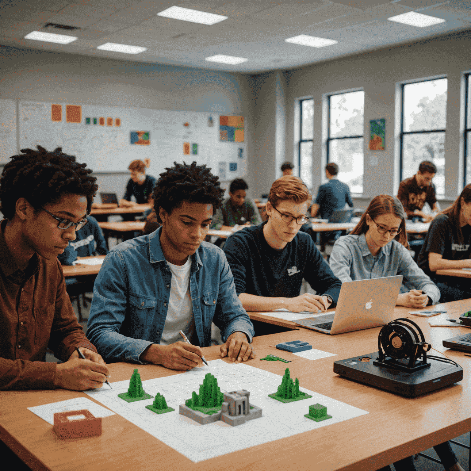 A classroom setting with students working on 3D models in FreeCAD, with 3D printers visible in the background